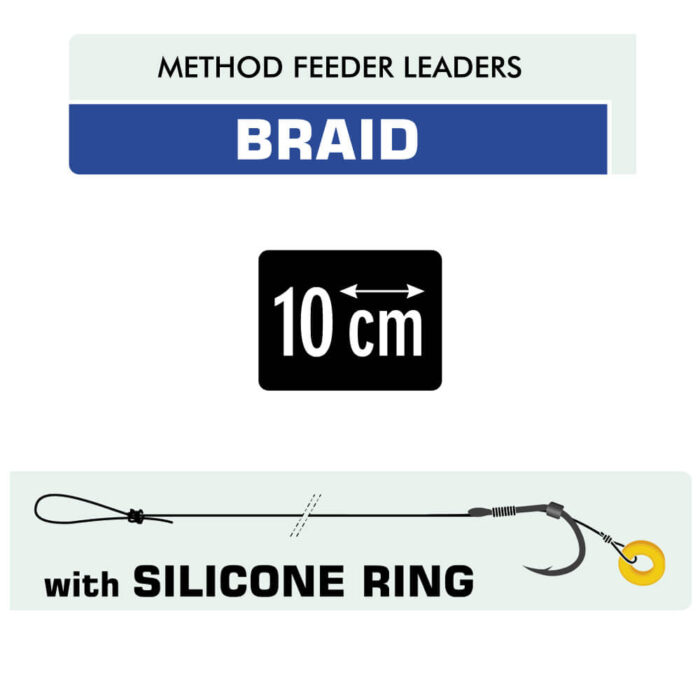 Kamatsu carlige legate cu fir textil 10cm pentru Method Feeder + Silicone Ring, model Iseama #10 (5buc/plic) - imagine 3