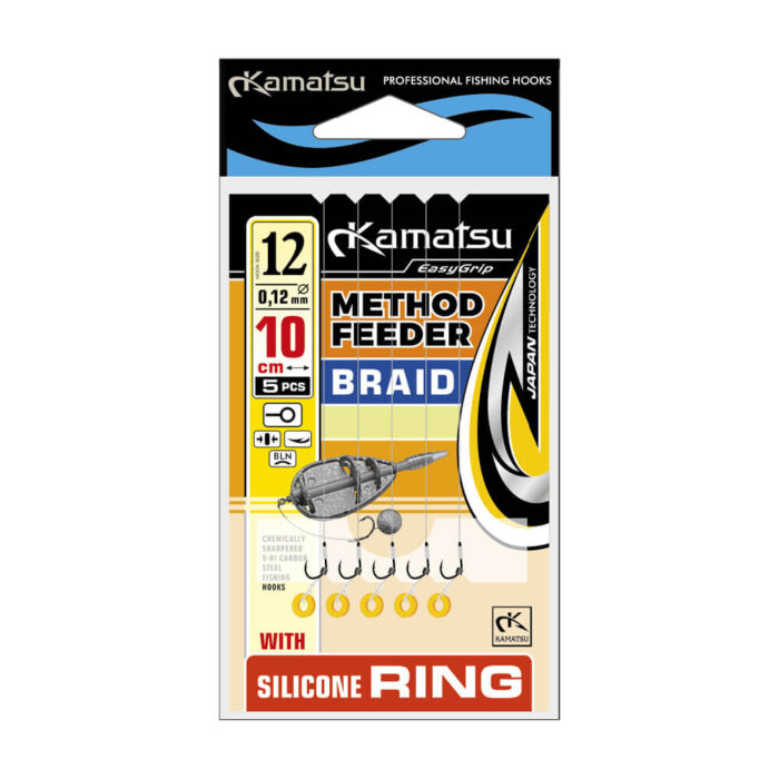 Kamatsu carlige legate cu fir textil 10cm pentru Method Feeder + Silicone Ring, model Iseama #10 (5buc/plic) - imagine 4