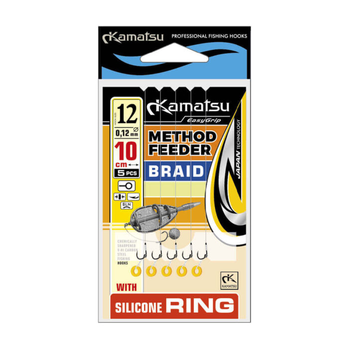 Kamatsu carlige pentru Method Feeder + Silicone Ring model Sensei #10 legate cu fir textil 10cm (5buc/plic) – carlige debarbetate - imagine 4